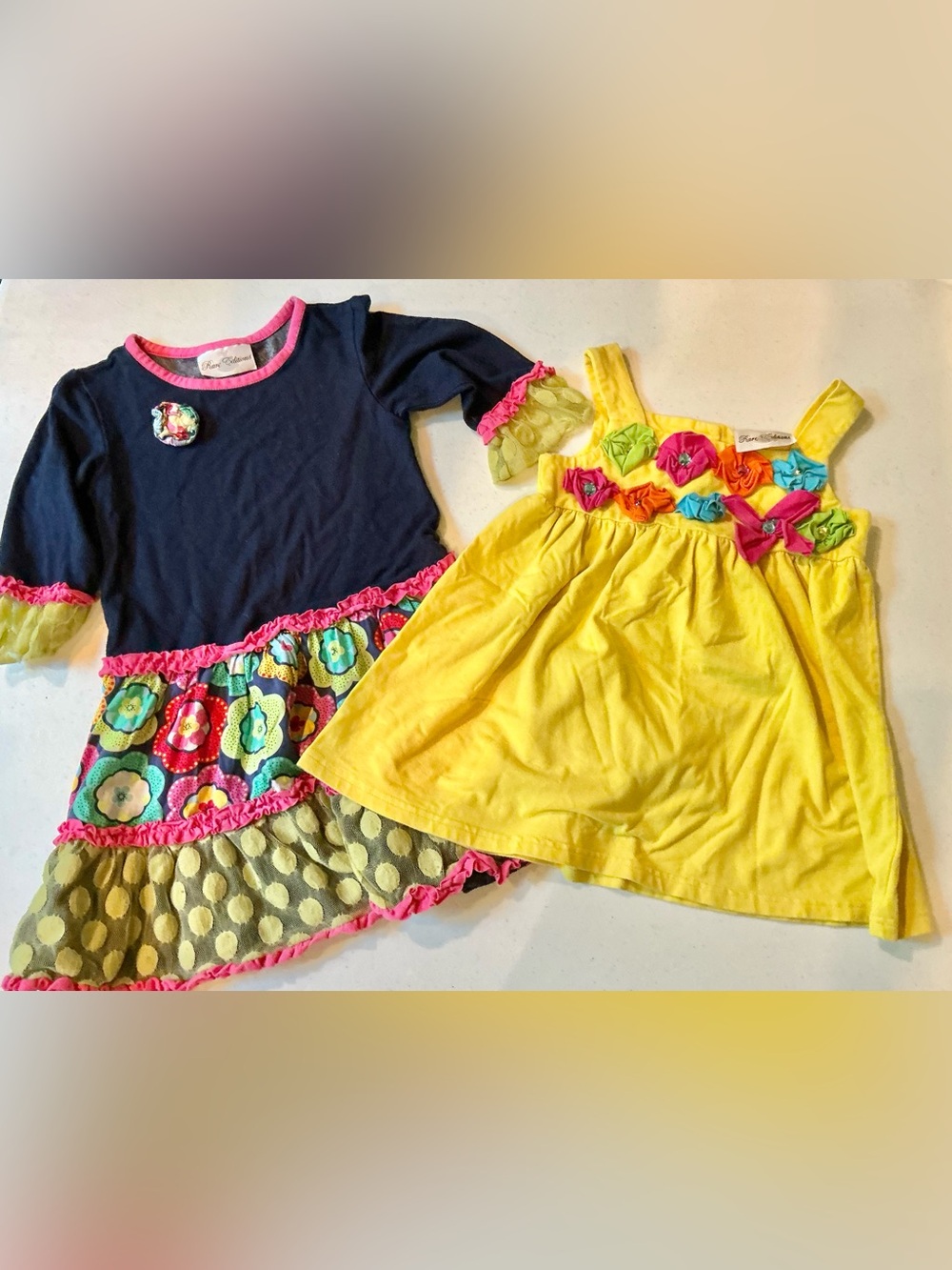 Set of 2 Girls 5 Rare Editions Dress Floral Jeweled Yellow and Blue flower
